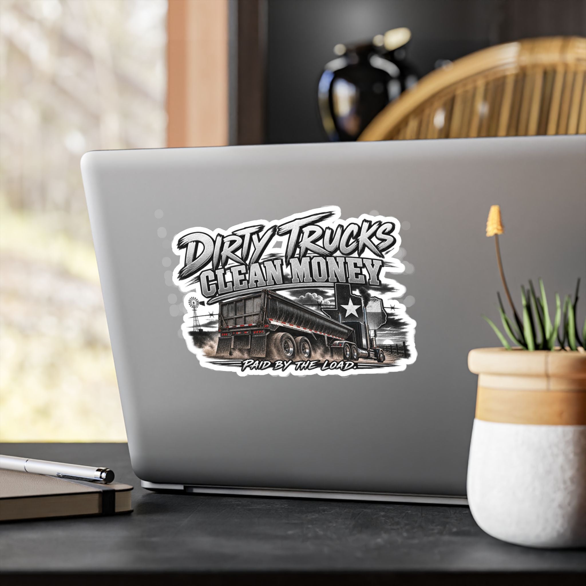 Kiss-Cut Vinyl Decal — "Dirty Trucks, Clean Money" Dump Truck Sticker (Rugged Trucker Graphic)