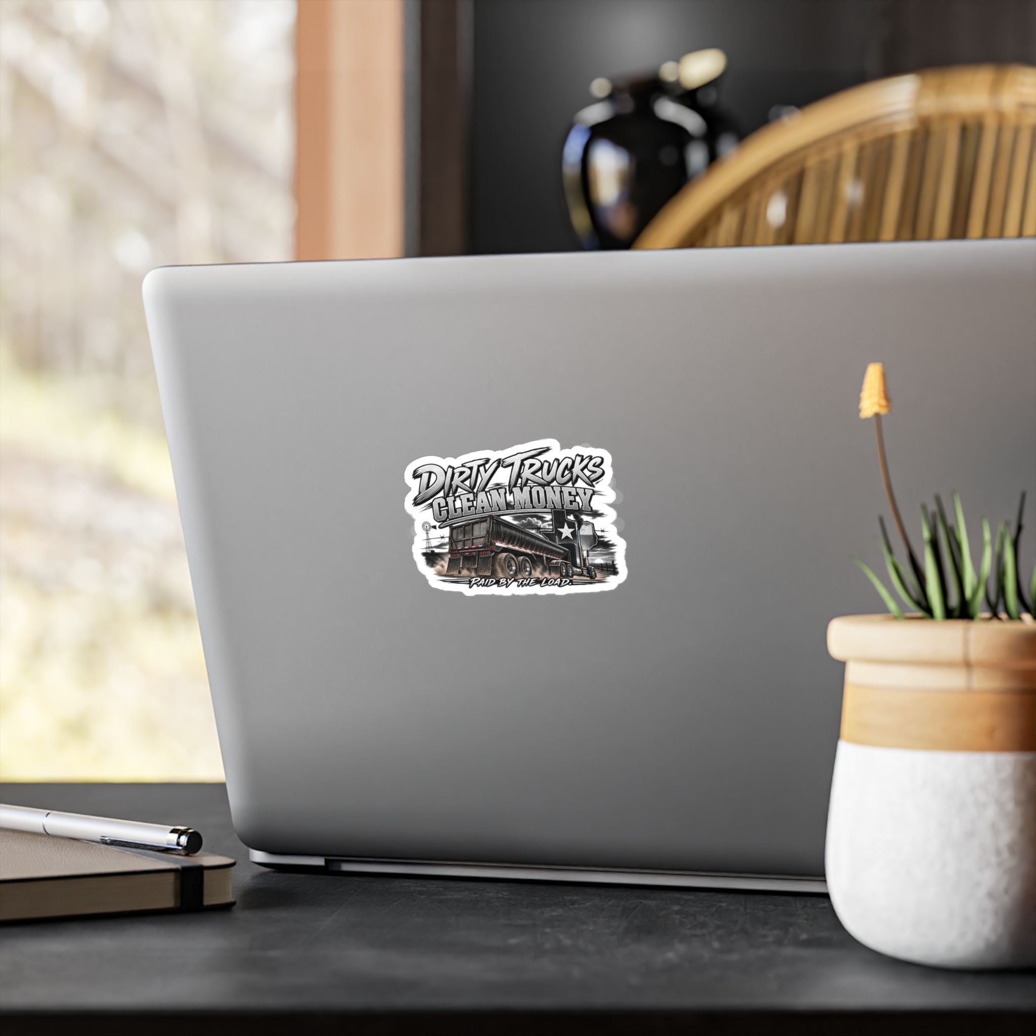 Kiss-Cut Vinyl Decal — "Dirty Trucks, Clean Money" Dump Truck Sticker (Rugged Trucker Graphic)